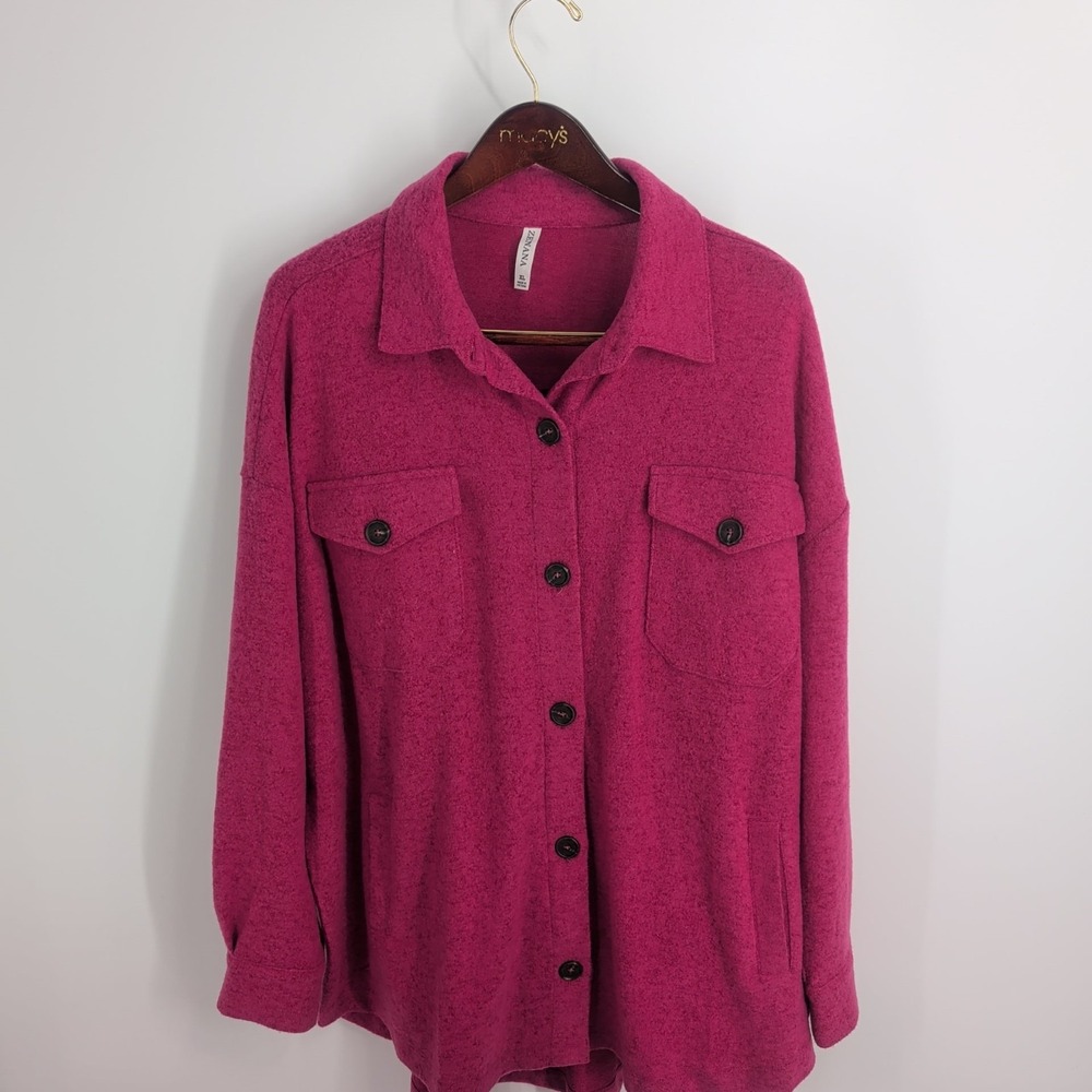 Zenana Outfitters Fleece Pockets Button-Up‎ Front Jacket Shirt Pink Size XL